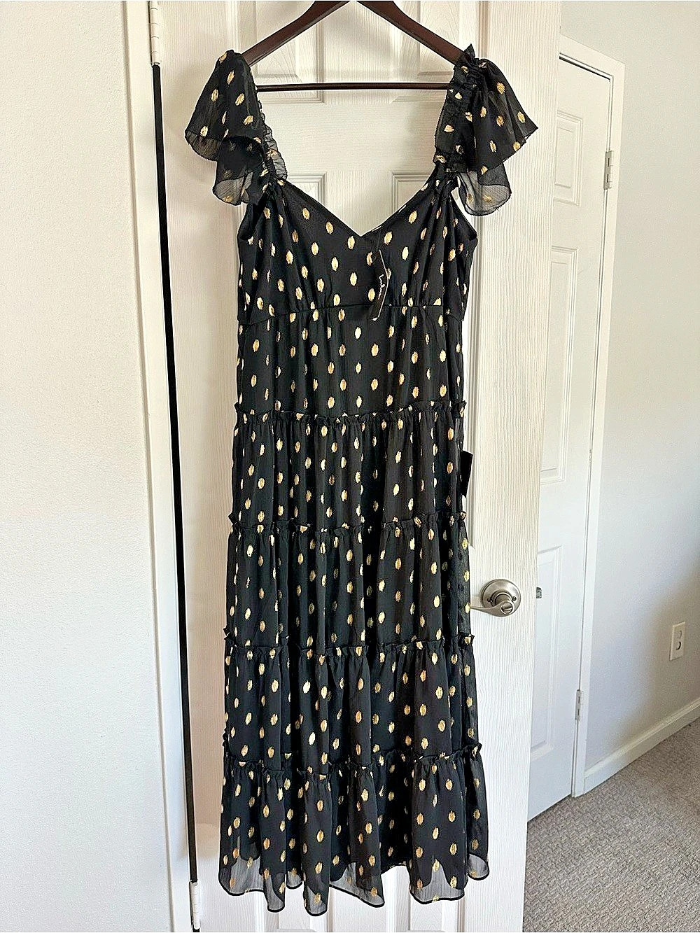Lulus Cause to Celebrate Black and Gold Dot Ruffled Tiered Midi Dress & Gold